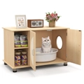 Costway Cat Litter Box Enclosure Hidden Cat Washroom w/2 Scratch Doors&Open Shelves Wood Side End Table