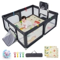 Costway Portable Baby Playpen Toddler Safety Enclosure Infant Play Fence w/Crawling Mat & Pull Ring, Grey