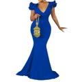 Nevenka Womens Elegant V Neck Maxi Dress Sexy Ruffle Sleeve Backless Evening Formal-Blue