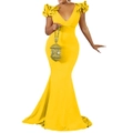 Nevenka Womens Elegant V Neck Maxi Dress Sexy Ruffle Sleeve Backless Evening Formal-Yellow