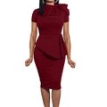 Nevenka Women Formal Bodycon Dress Peplum Business Party Pencil Knee Dress-Wine Red