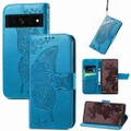 For Google Pixel 7 Case, Butterfly Embossed PU Leather Wallet Folio Cover, Stand, Blue