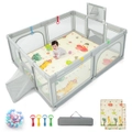 Costway Portable Baby Playpen Toddler Safety Enclosure Infant Play Fence w/Crawling Mat & Pull Ring, Light Grey