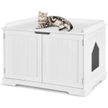 Costway Wood Side Table Cupboard Cat Litter Cabinet Enclosed Cat Litter Box Pet House w/2 Doors & divider Living Bedroom White