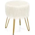 Costway Luxury Faux Fur Stool Round Footrest Fluffy Ottoman Accent Dressing Table Chair Metal Legs Living Bedroom White
