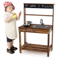 Costway Kid Wood Kitchen Playset Toddler Pretend Cooking Toy w/Blackboard&Removable Sink, Preschool Gift, Natural