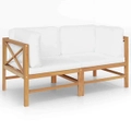 Fin Garden Bench Lounge Chair With Cushions Cream Solid Wood Teak 2-Seater