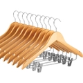 18 x WOODEN COAT HANGERS WITH CLIPS - Wood Suit Skirt Jean Pants Clothes Hangers 360° Swivel Hook and Notches for Camisole, Jacket, Pant Dress Clothes