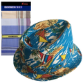 5pc Set Mens 100% Cotton Handkerchief + Hawaiian Hat Trilby Fedora Summer Cap