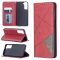 For Samsung Galaxy S21 Case Rhombus Texture Folio Magnetic PU Leather Wallet Cover, Kickstand, Red