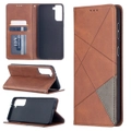 For Samsung Galaxy S21+ Plus Case Rhombus Texture Folio Magnetic PU Leather Wallet Cover, Kickstand, Brown