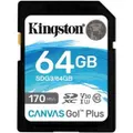 Kingston 64GB Canvas Go! Plus SD Memory Card Class 10, UHS-I, U3, V30, up to 170MB/s read, and 70MB/s write for DSLRs, mirrorless cameras and 4K video production [SDG3/64GB]