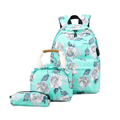 B03 3PCS Girls Print Backpack Small Fresh Backpack Portable School Bag Computer Bag Lunch Insulation Backpack-Green