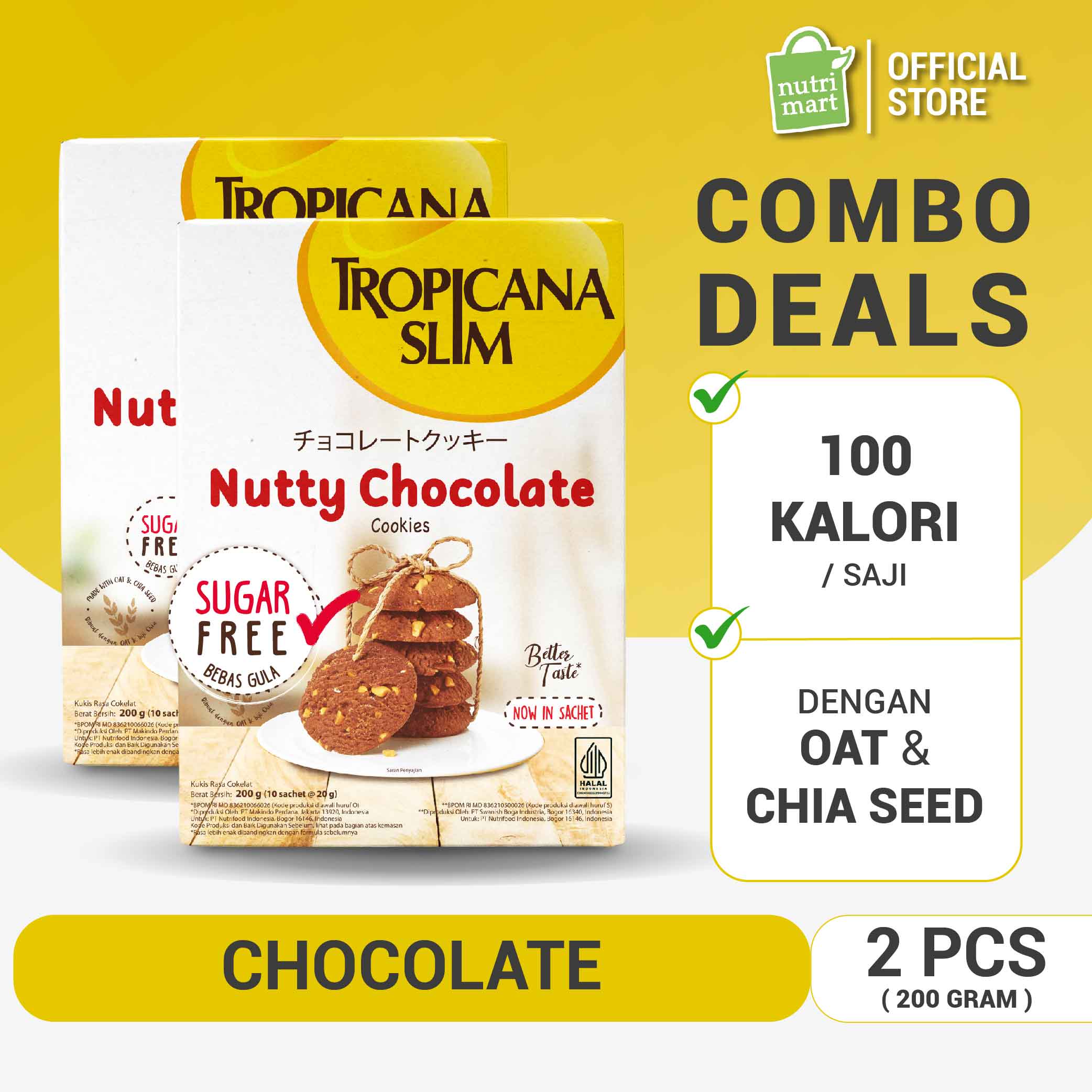 Twin Pack : Tropicana Slim Nutty Chocolate Cookies 200gr - Snack Bebas Gula 100 Kalori