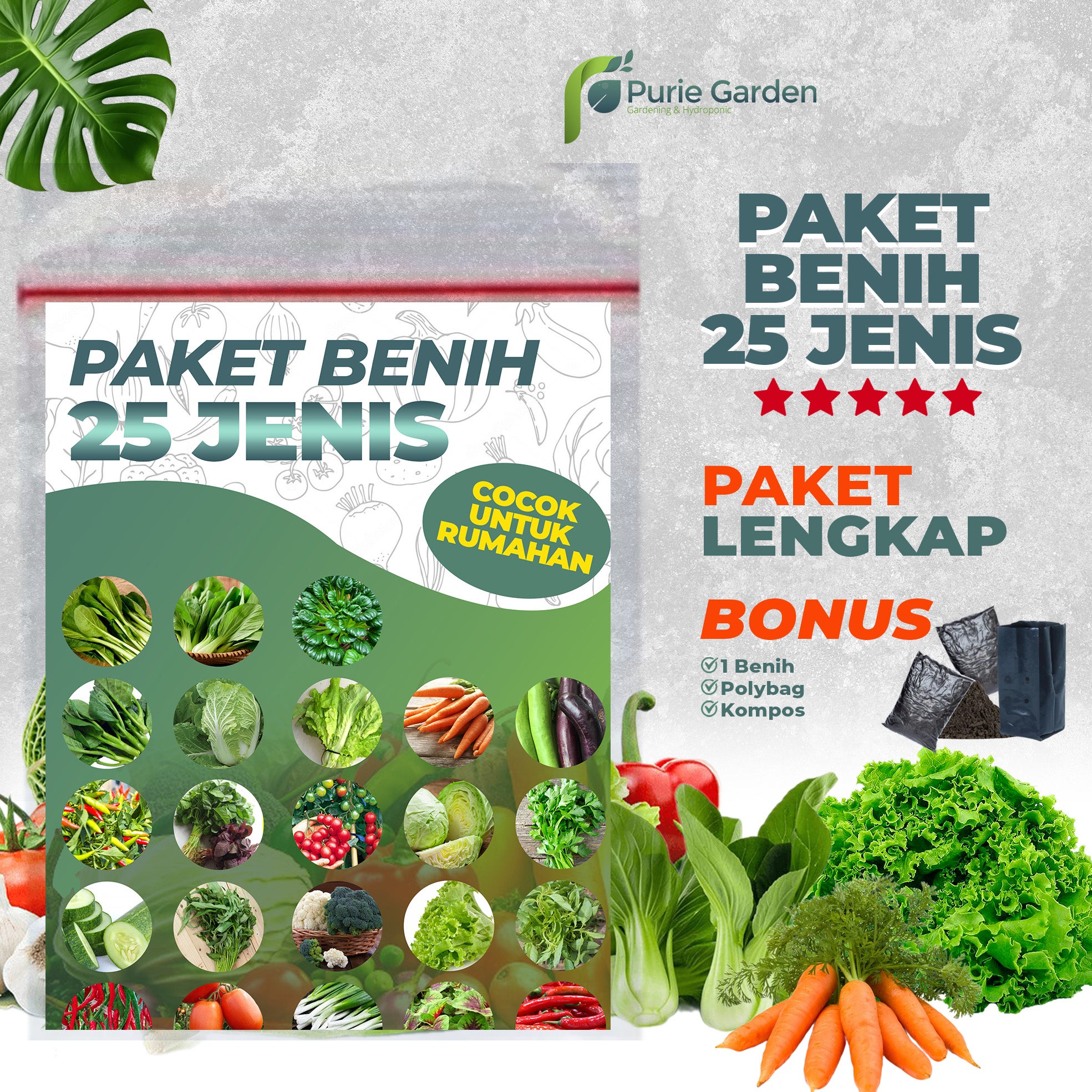 Paket Bibit Benih 25 Jenis Sayur dan Sayuran Buah Lengkap Bonus Plus Purie Garden