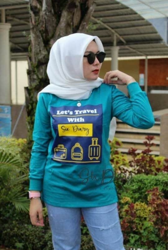 Baju Wanita Fashion wanita Kaos Wanita Atasan Wanita Kaos Lengan Panjang Wanita SIX DIARY MOTIF TOSKA LETS TRAVEL