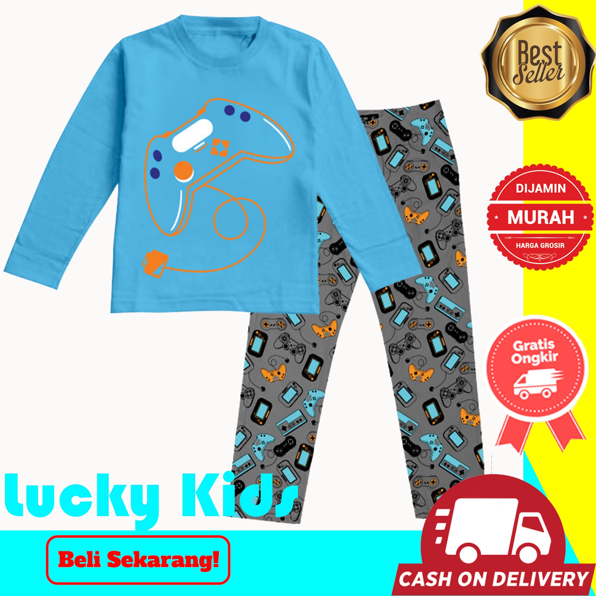 lucky kids setelan tidur panjang anak laki-laki Games Biru ukuran 1-10 tahun