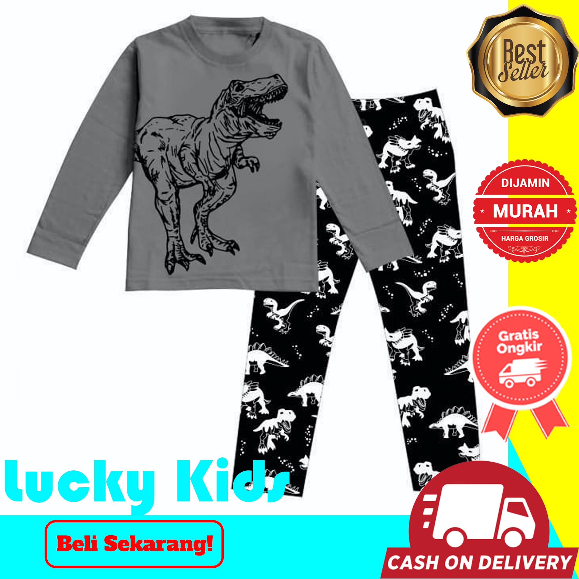lucky kids setelan tidur panjang anak laki-laki dino trex ukuran 1-10 tahun