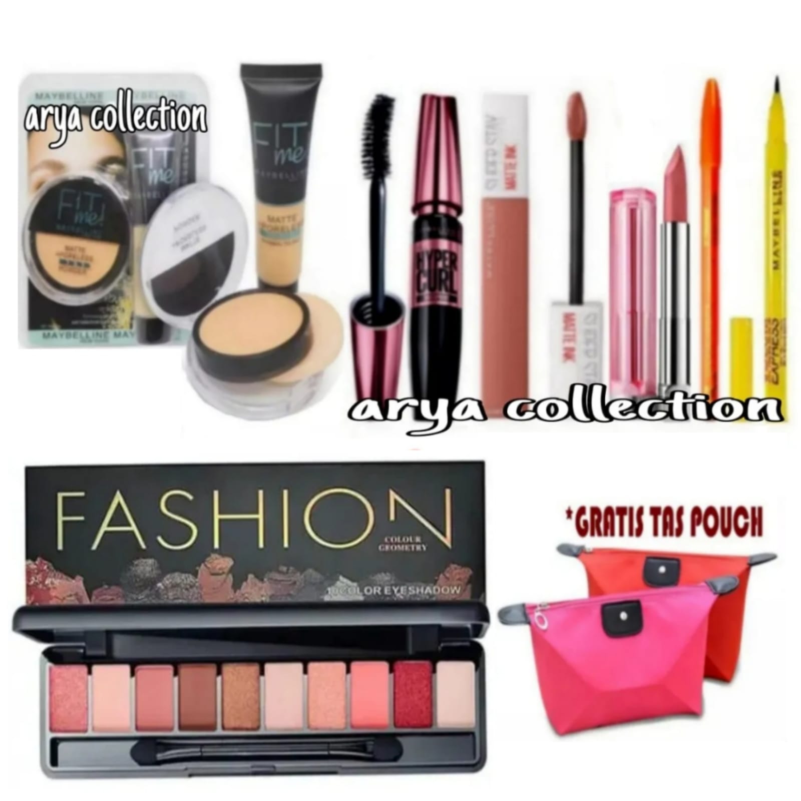Paket Makeup Maybelline 8 in 1 Terlaris / Paket Kosmetik Super Lengkap Komplit Murah 1 Set 8in1 / Paket Makeup 8 IN 1 - Foundation + Bedak + Eyeshadow + Maskara Maybelline + Eyeliner + Lipstik Batang + Lipcream + Pensil Alis + Gratis Tas Kosmetik Pouch