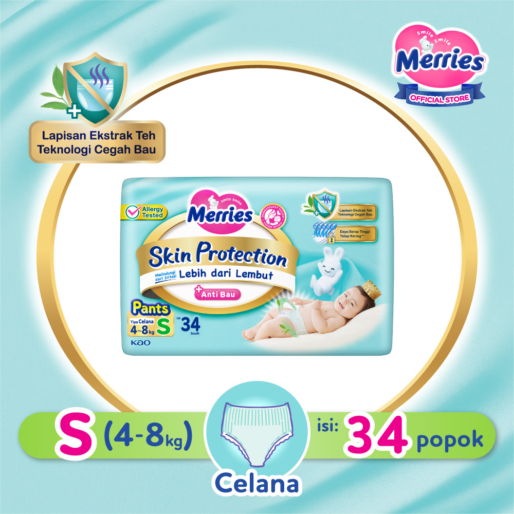 Merries Skin Protection Popok Perlengkapan Bayi Anti Bau Tipe Celana S34 (4-8kg)