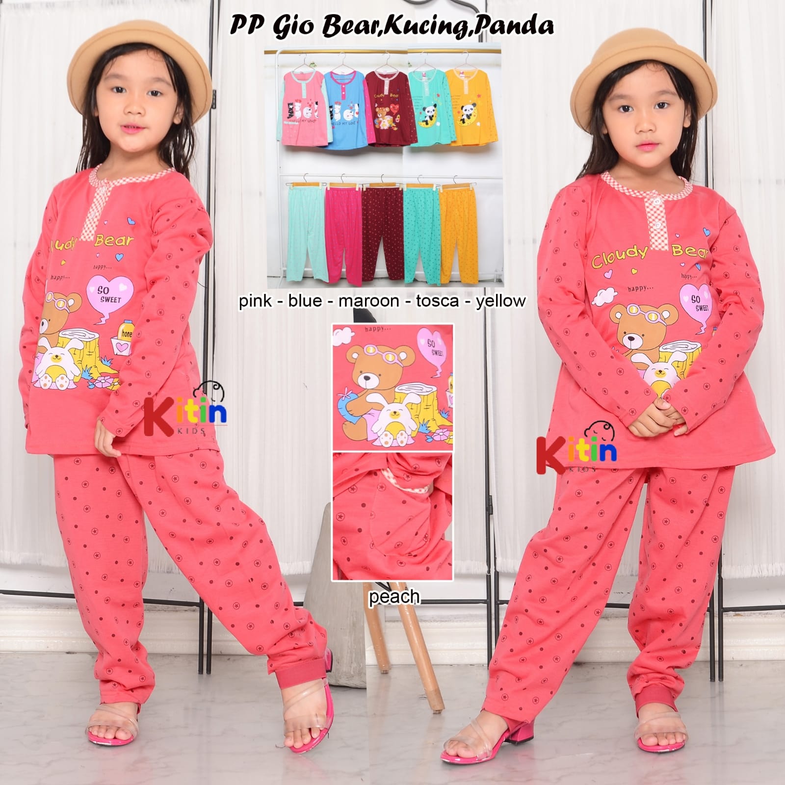 BIO - SETELAN BAJU PIYAMA DAN TIDUR ANAK CEWEK/PEREMPUAN 3-12 TAHUN KOMBINASI MOTIF BEAR KUCING PANDA BTS BT21