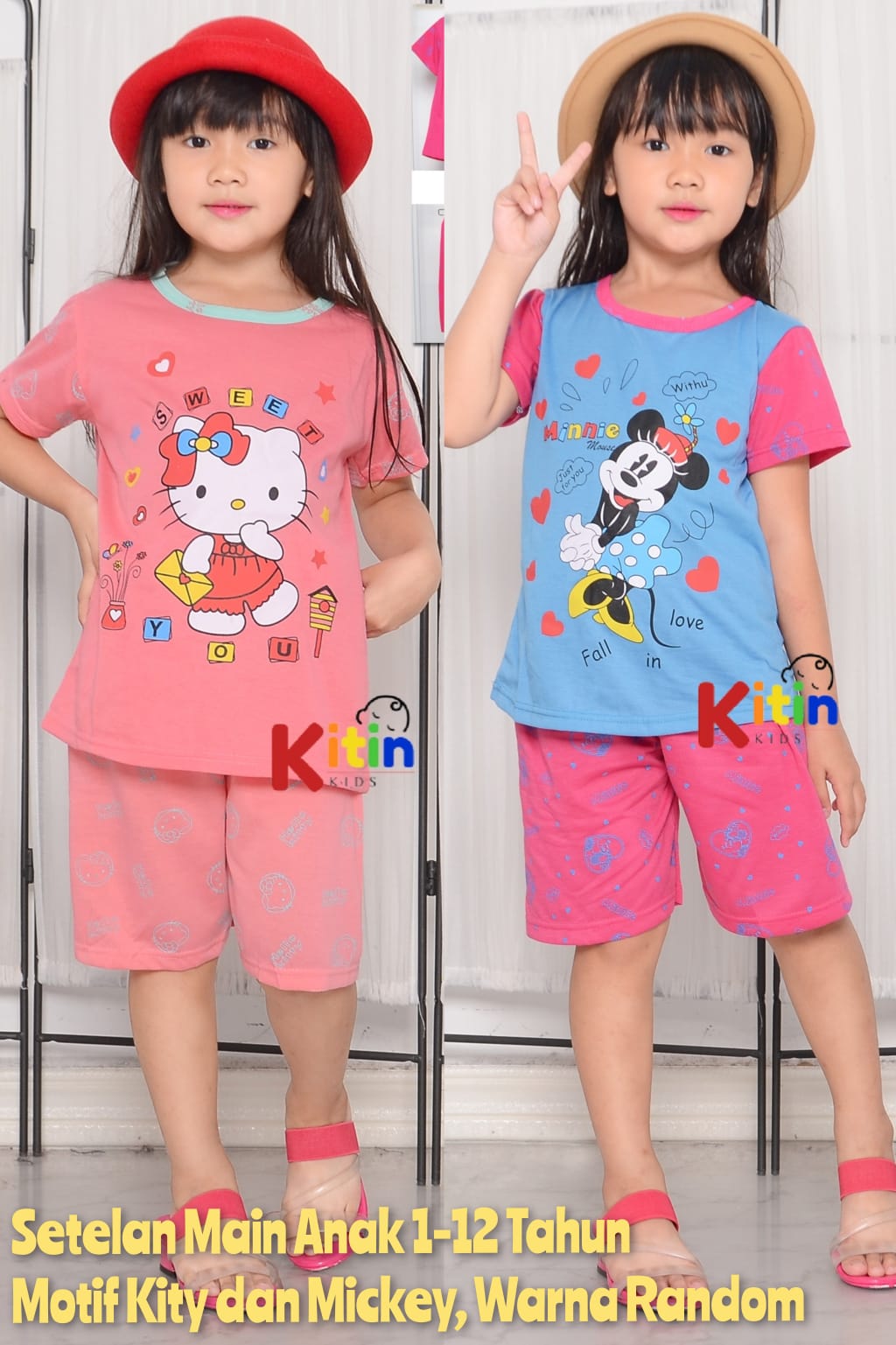 BIO - SETELAN BAJU MAIN DAN HARIAN ANAK CEWEK/PEREMPUAN 3-12 TAHUN MOTIF MICKEY KITTY BAHAN KAOS MURAH FREE ONGKIR BISA COD