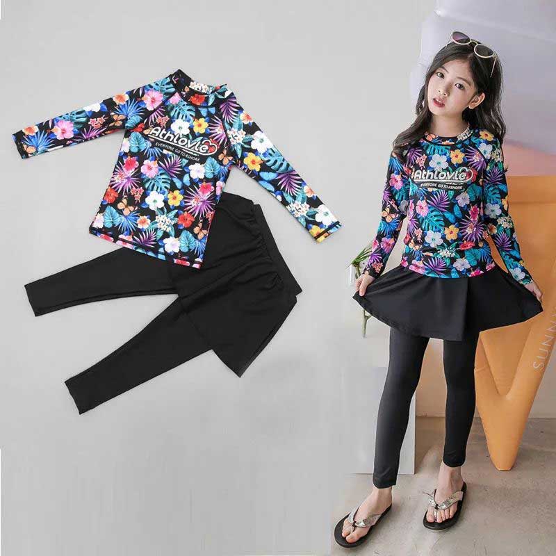 Anak Perempuan Baju Renang muslim Ruam Penjaga Lengan Panjang Atasan Celana Panjang Rok Anak Lengan Panjang Spa Pantai Baju Renang