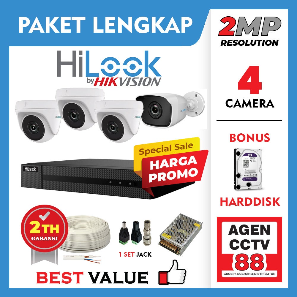Paket CCTV HILOOK 4 Channel Kamera Camera 2MP 1080P Full HD Lengkap dan Garansi Resmi 2Tahun