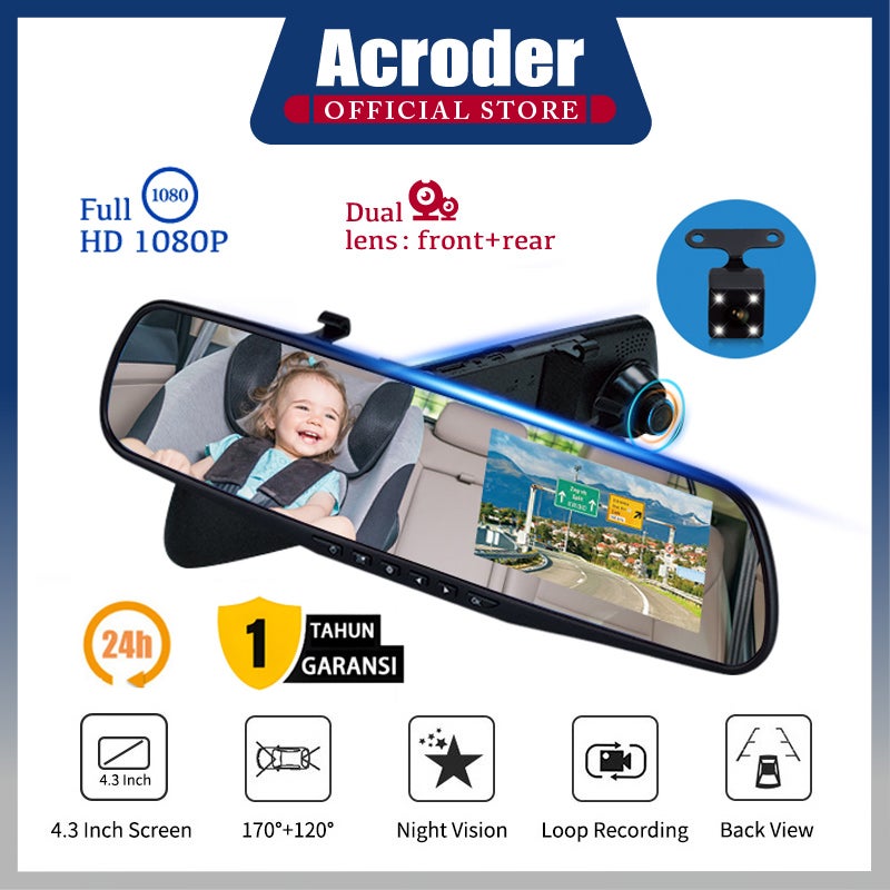 Acroder Dashcam Mobil Spion 4.3 Inci HD 1080P Depan Belakang Ganda Lensa Loop Recording