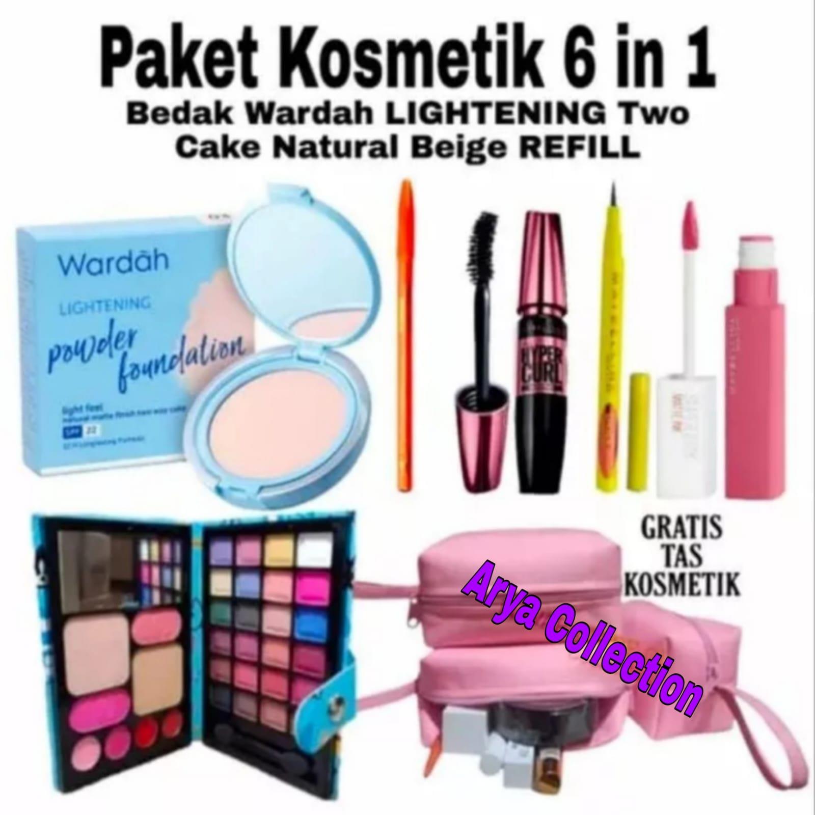 Paket Kosmetik 6 In 1 Lengkap / Paket MakeUp Bedak Wardah 1 Paket 6 in 1 - Bedak Wardah + Eyashadow + Lipcream + Maskara + Eyeliner + Pensil Alis + Gratis Tas Kosmetik Pouch
