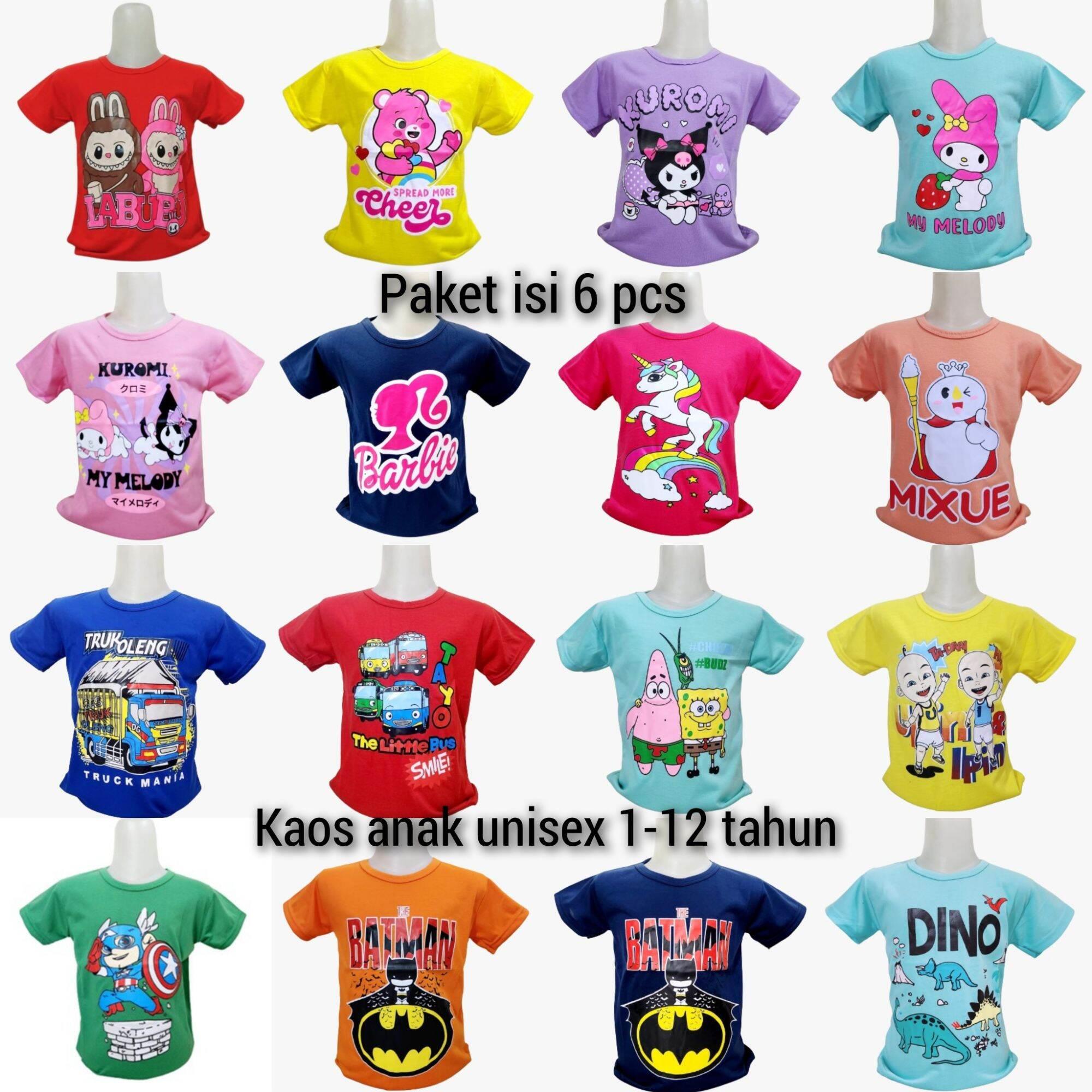 Paket isi 5 baju//kaos anak perempuan laki laki motif random terbaru usia 1-12 tahun