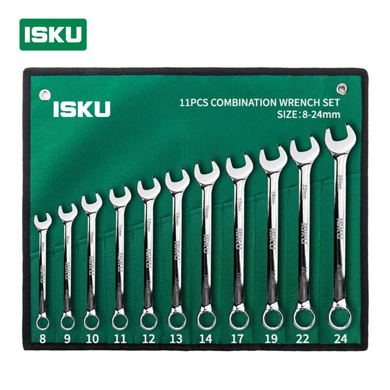 ISKU Kunci Ring Pas Set 8-24mm 11pcs CRV Mirror Polished Kombinasi Wrench Spanner Folding Bag