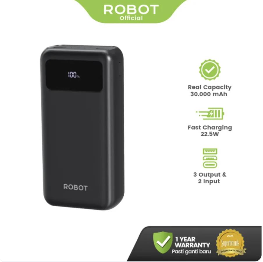 ROBOT Powerbank hp android iphone fast charging 30000 mAh Powerbank Dual Input Type-C Micro 3 Output USB-A 22.5W with Smart LED Digital Display - Garansi 1 Tahun
