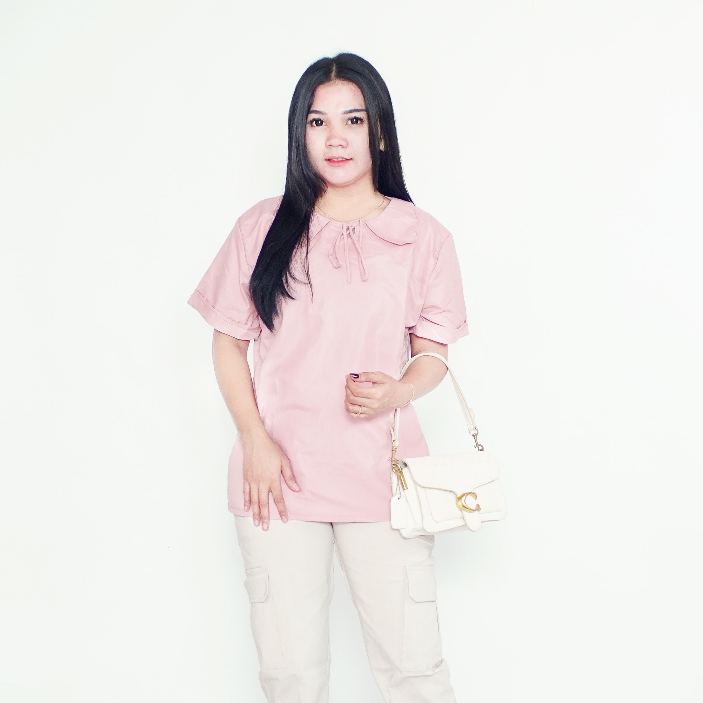 Putri Nasya Blouse OverSize / Atasan Lengkap L 2L 4L Model Blus Jumbo Kerja / Pakaian Kekinian / Atasan Over Size Kantor Kerja / Blus Bigsize Formal Bahan Katun / Baju Model Tangan Pendek Panjang Polos Crew Neck Dusty Pink Turkish Green Sage Soft Pink