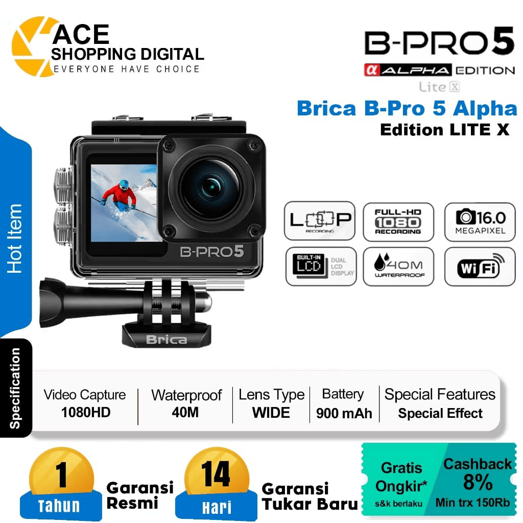 Brica BPRO5 Alpha Edition All Series Action Camera + Gratis Bonus - Action Cam BPRO-5 - Kamera Aksi Anti Air Wifi Mini Camera - Kamera Action - Kamera Digital - Action Camera B-Pro 5 4K 60fps - Sportcam (AE Basic+ - AE Lite X - AE2S - AE2X - AE3S - AE3X)