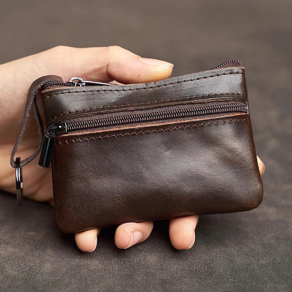 Dompet Koin Mini Kulit Asli Tas Kartu Kulit Sapi Lapisan Ritsleting