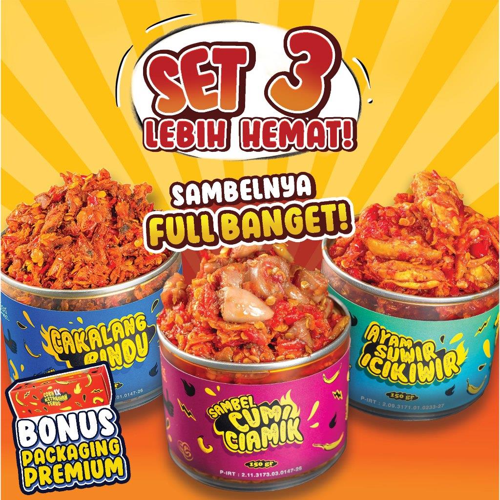 Eatsambel Paket Hemat Isi 3 Kaleng - Sambal Cumi Ciamik/Cakalang Rindu/Ayam Suwir 150g 100% Halal