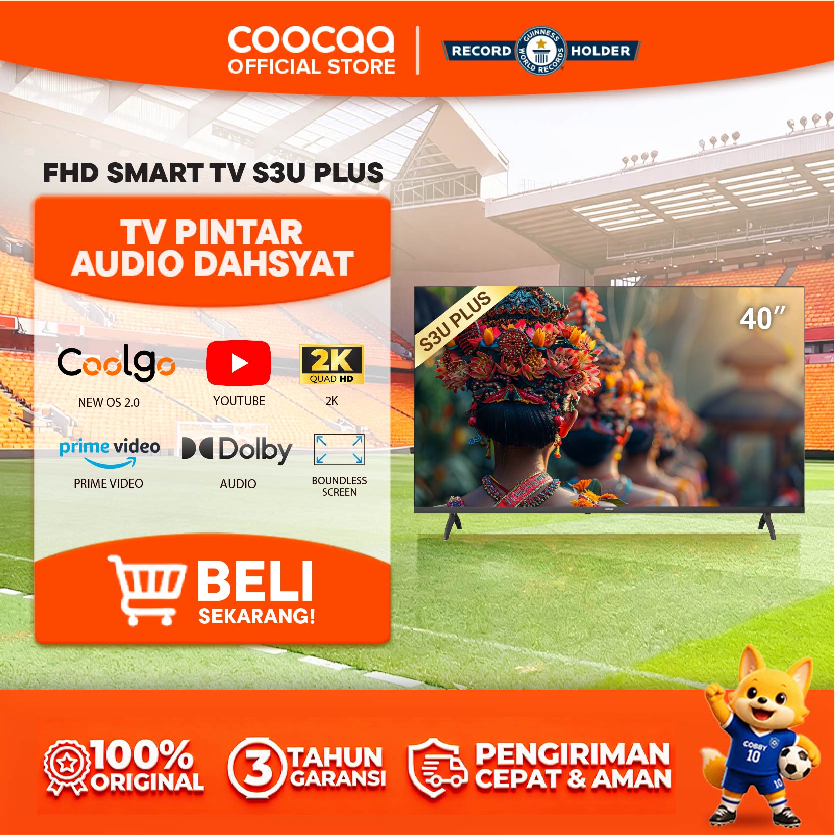 [NEW] COOCAA TV 40 inch S3U Plus - Coolita 3.0 - Smart TV - 2K LED - HDR 10- Voice Control - Youtube/ Prime Video - Dolby Audio - Eye Care - Coolink - Karaoke Boomer - Virtual Remote (COOCAA 40S3U Plus)