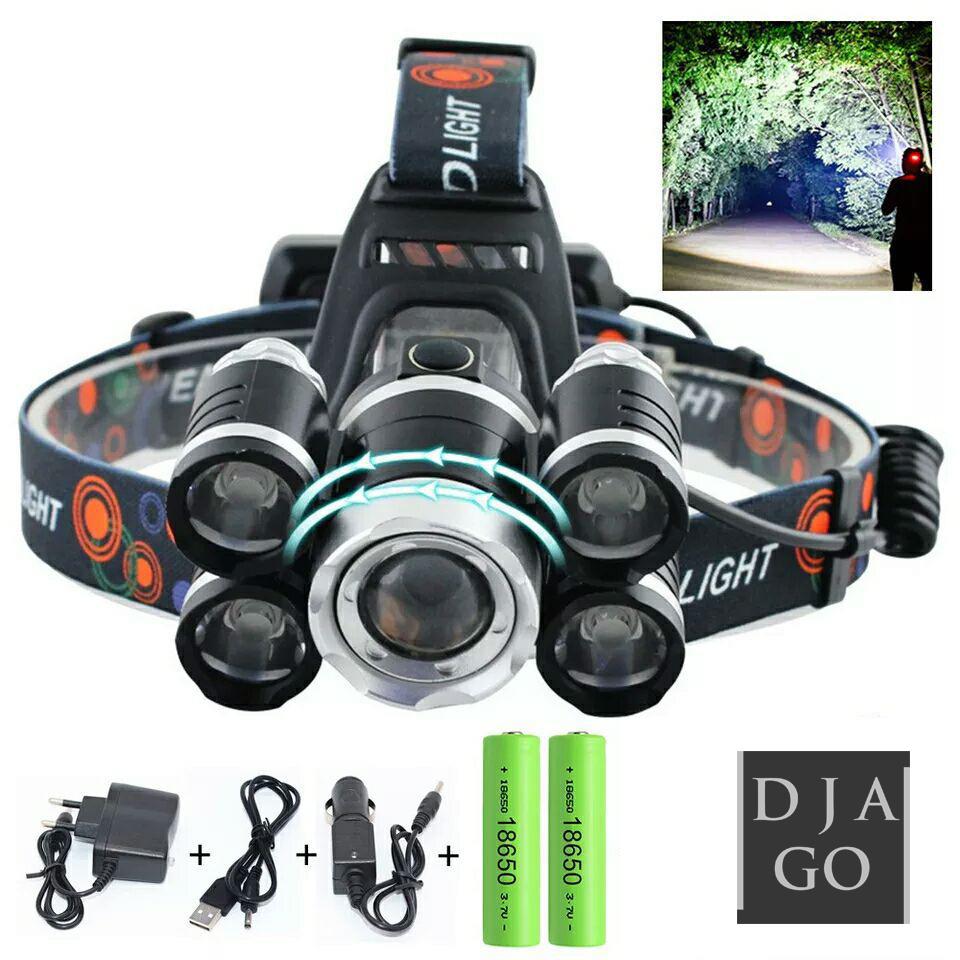 Toko Djago Senter Kepala Zoom Waterproof Headlamp 40000 Lumens Charge Dengan Baterai dan Charger