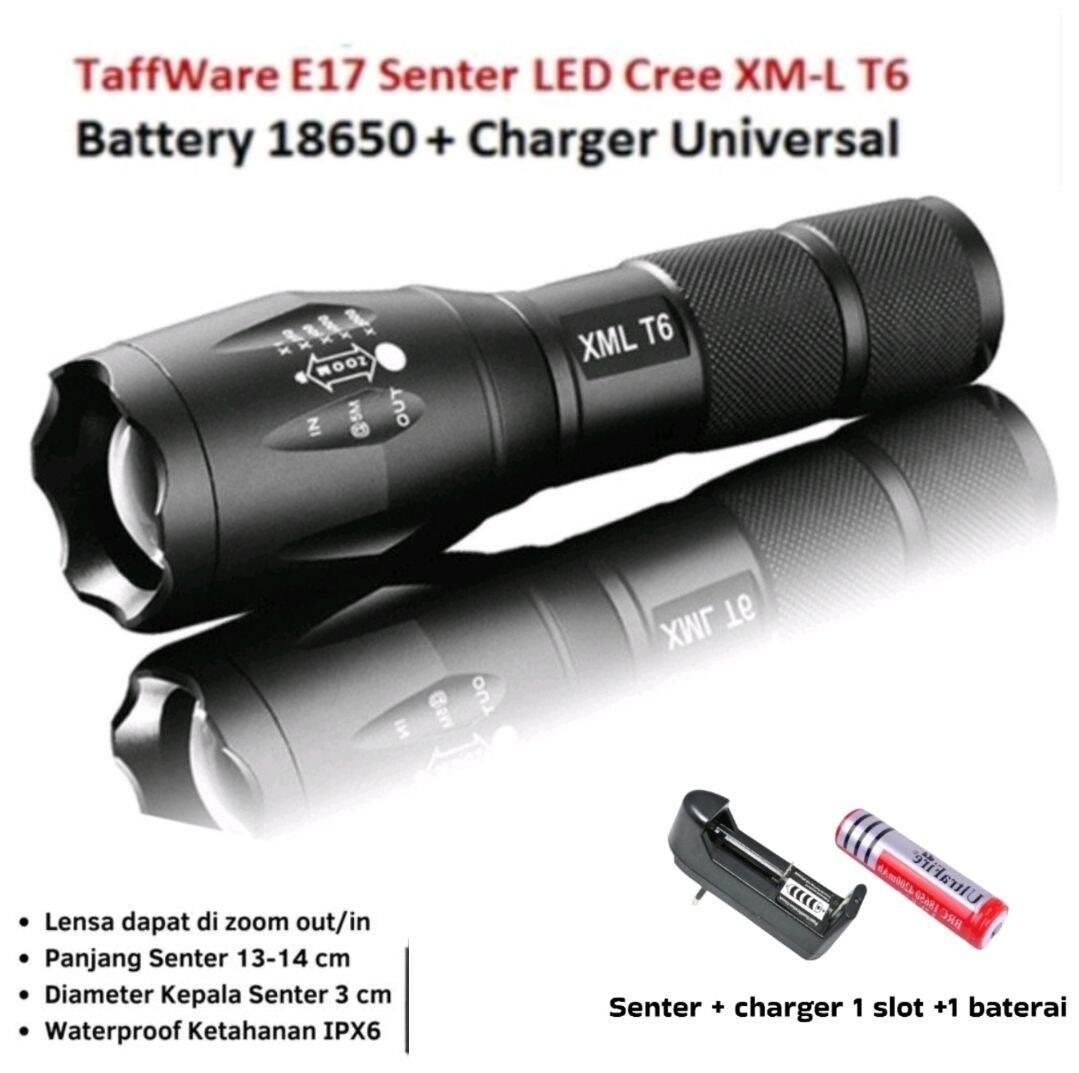 Senter LED XML-T6 Taffware E17 Super Terang LED Paket Komplit