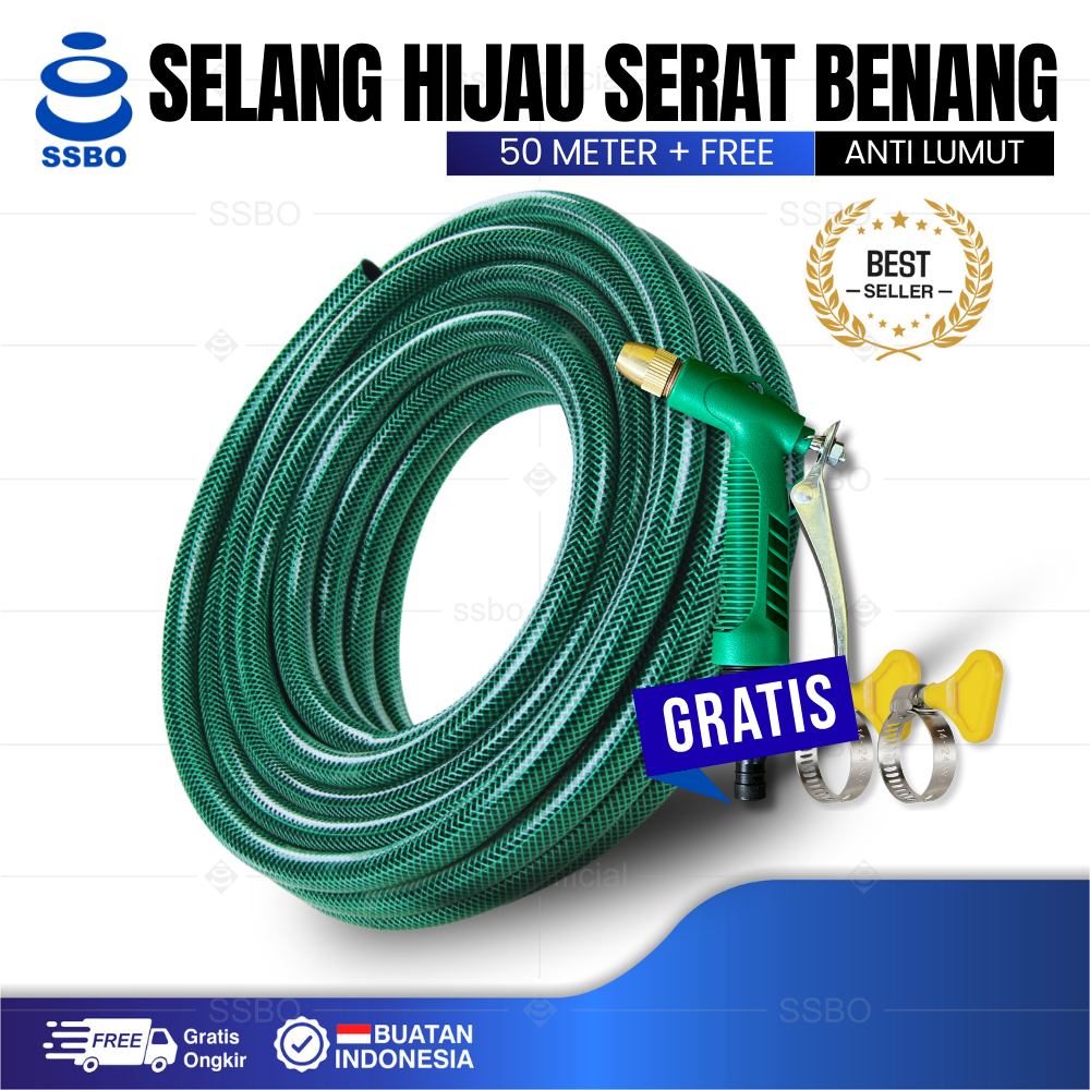 SELANG AIR SERAT BENANG HIJAU 50 METER ANTI LUMUT FREE NOZZLE / SELANG TAMAN KEBUN FLEKSIBEL KUAT AWET PRAKTIS CUCI MOTOR MOBIL COD