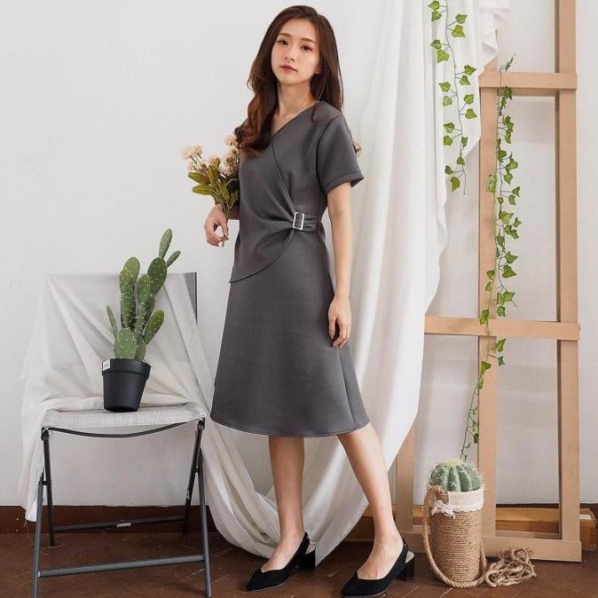 Dress Kenzi Midi Kantor Scuba Wanita Korean Style