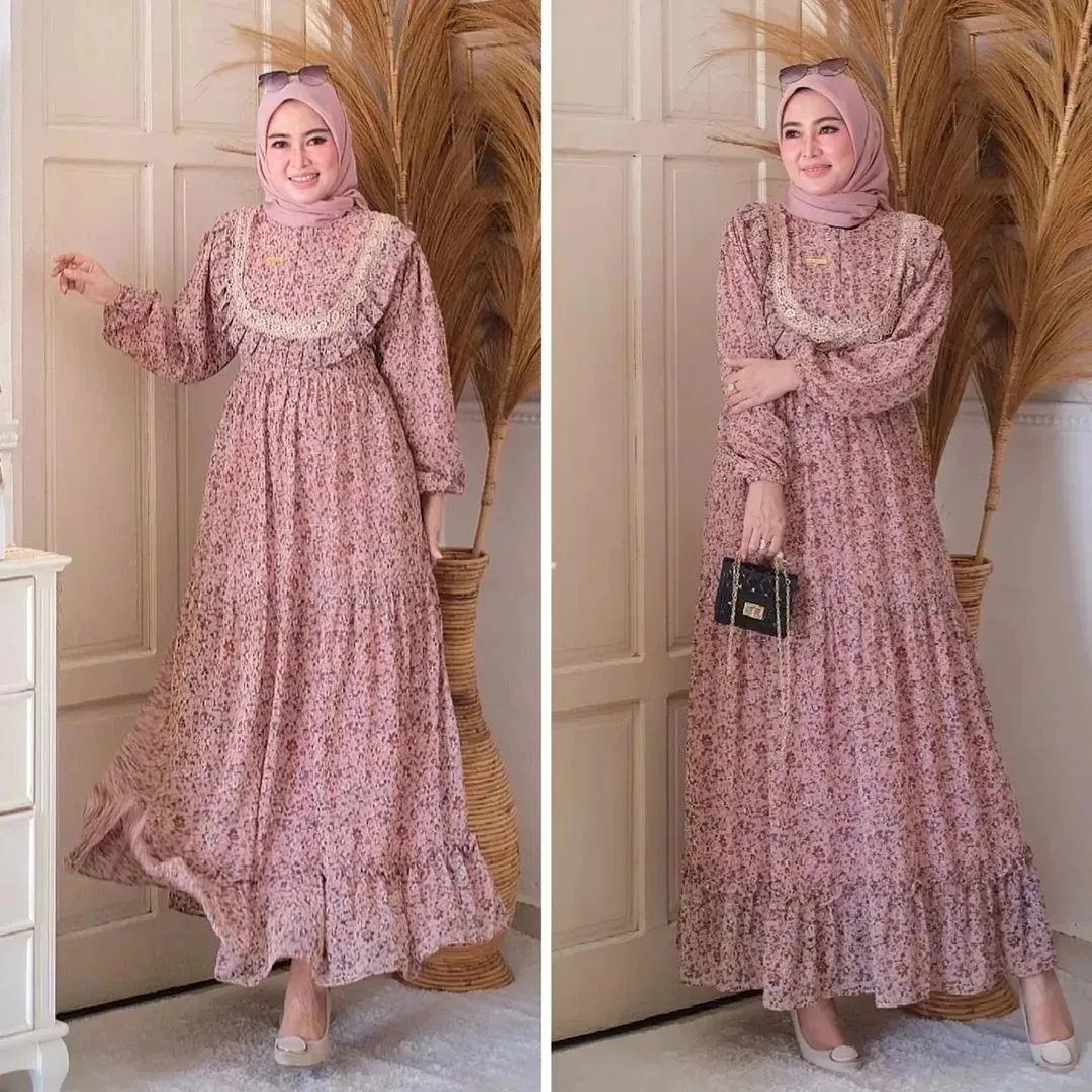 SAKURA DRESS Pakaian Wanita Muslim Gamis Pesta motif Bunga Terbaru 2021 Modern Import One Size Lengan Panjang Kerut Kekinian Fashion Realpicture kakinian