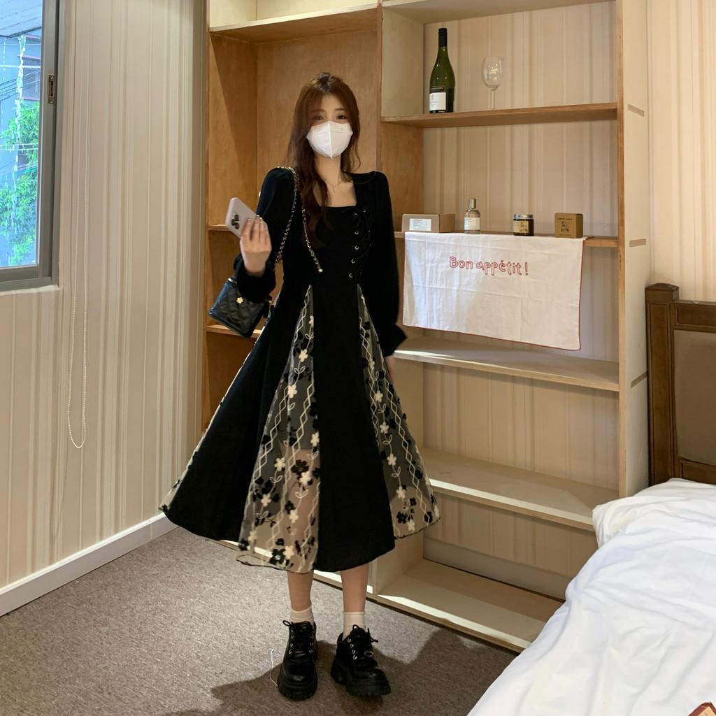 LKK Gaun hitam lengan panjang leher persegi gaya Korea baru/dress bunga korea/dress hitam korea