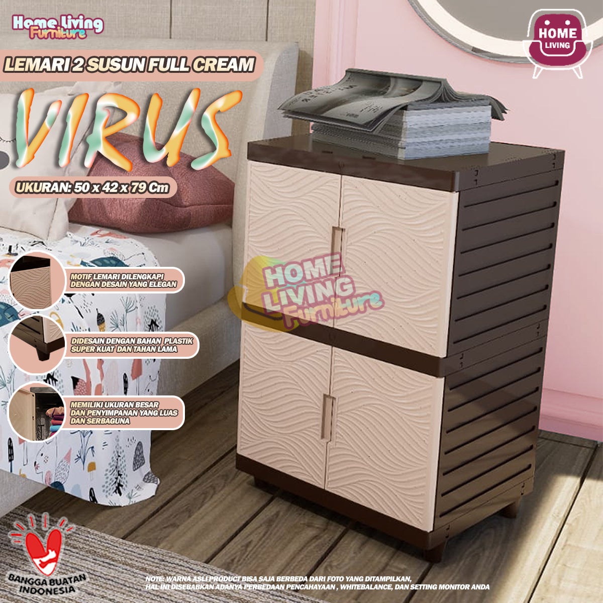 KINGDOM VIRUS LEMARI PAKAIAN PLASTIK VIRUS KINGDOM LEMARI MINIMALIS TEMPAT PENYIMPANAN PAKAIAN SERBAGUNA - CREAM