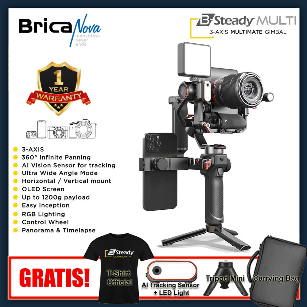 Brica B-Steady MULTIMATE - 3 Axis Mirrorless & Compact Camera Gimbal - Black - Free T-Shirt - BSMu - BSteady Multi
