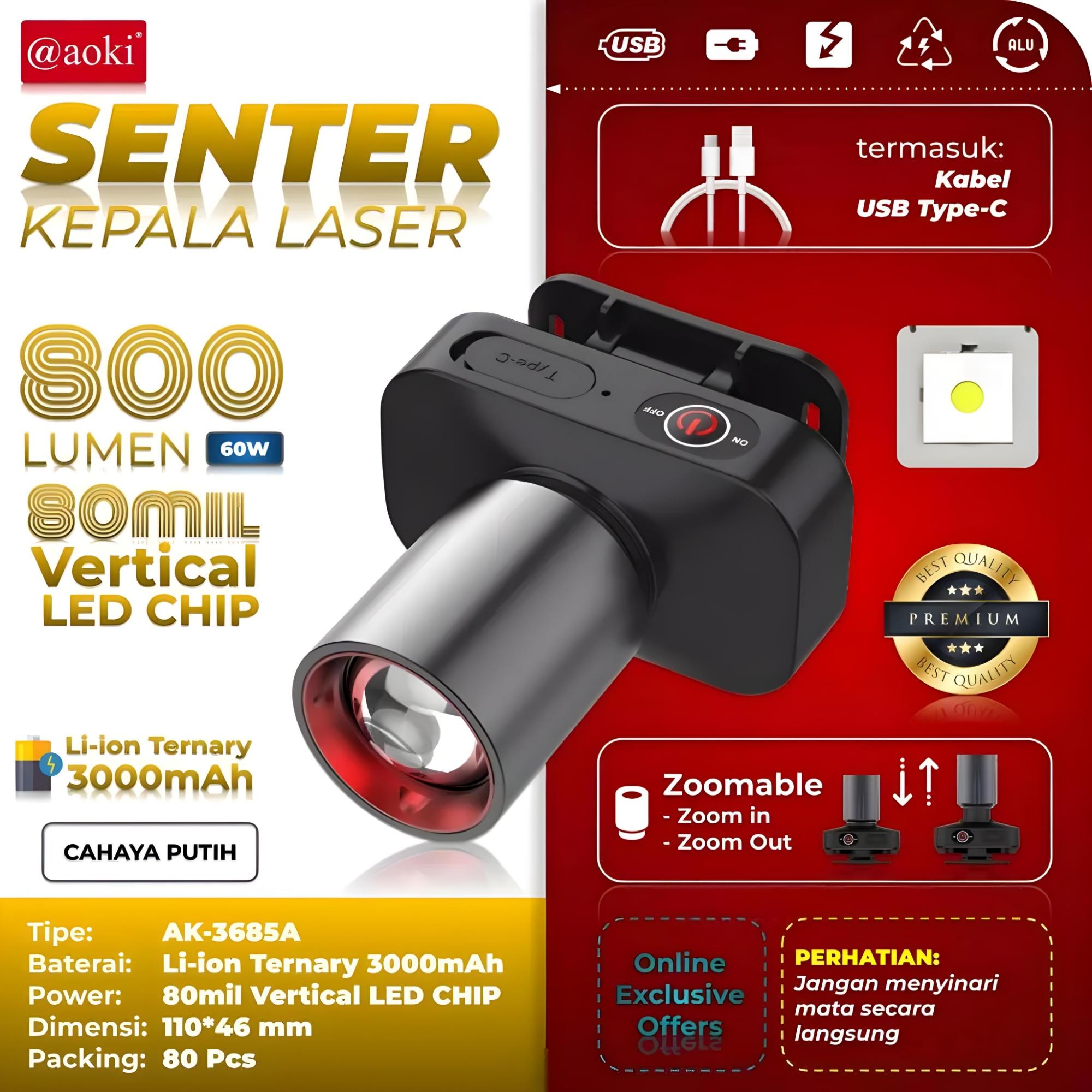 Senter Kepala Zoom Aoki AK-3685A Head Lamp Led 60 Watt Super Terang Senter Rechargeable Type C