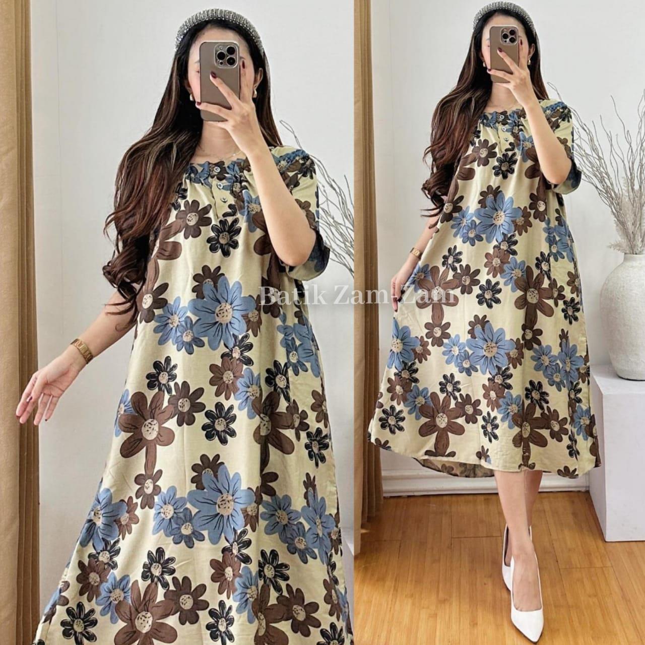 Daster Fuji Cream Motif Sogan Terbaru All Size / Dress Rayon Ibu Muda Style Simpel Lengan Pendek Modern