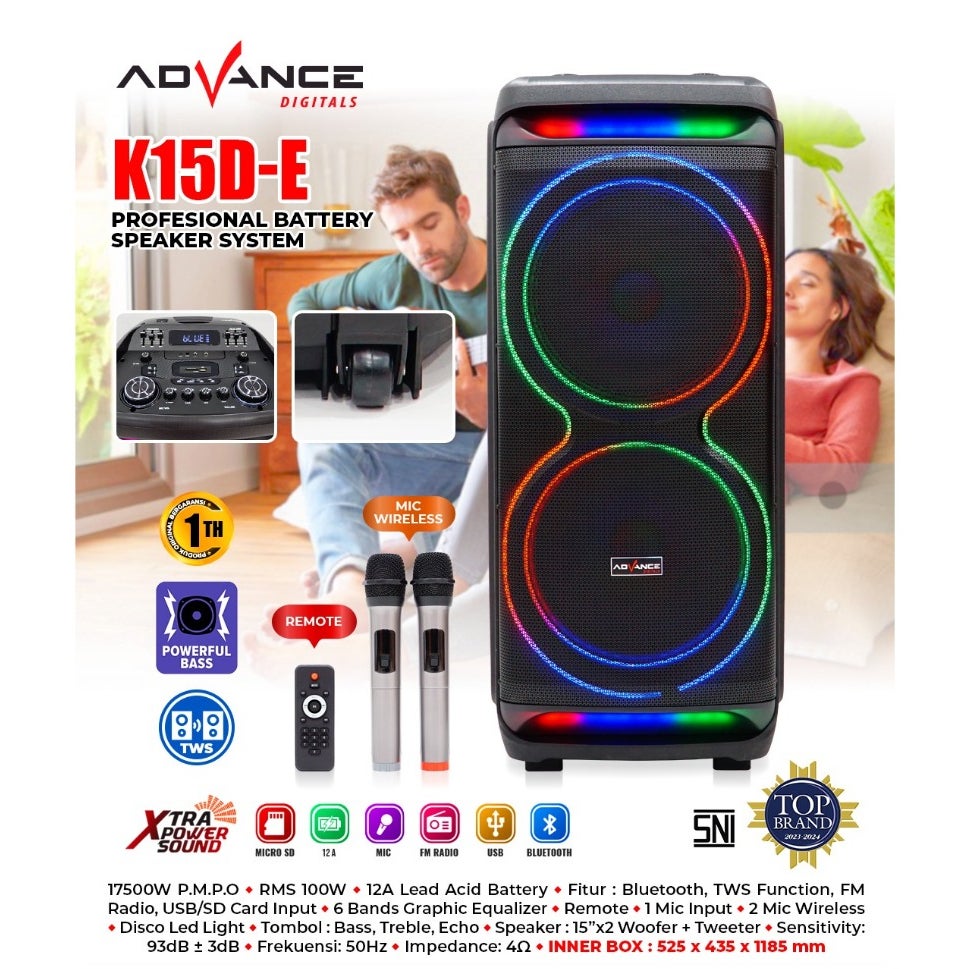 Advance K15D-E Professional Speaker Bluetooth XTRA Power Sound TWS FREE 2 Mic Garansi Resmi 1 Tahun