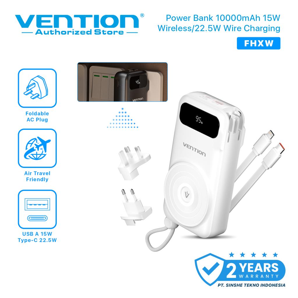 Vention Travel Charger Powerbank Wireless with Built in Type C Lightning Cables & AC Plug 22.5W 10000mAh